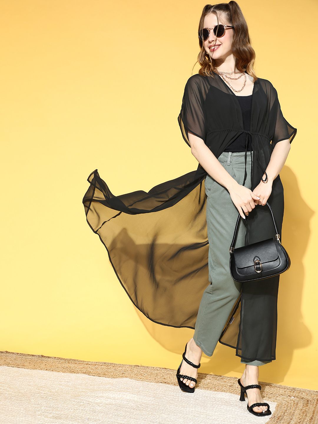 Berrylush Women Stylish Black Solid Sheer Shrug