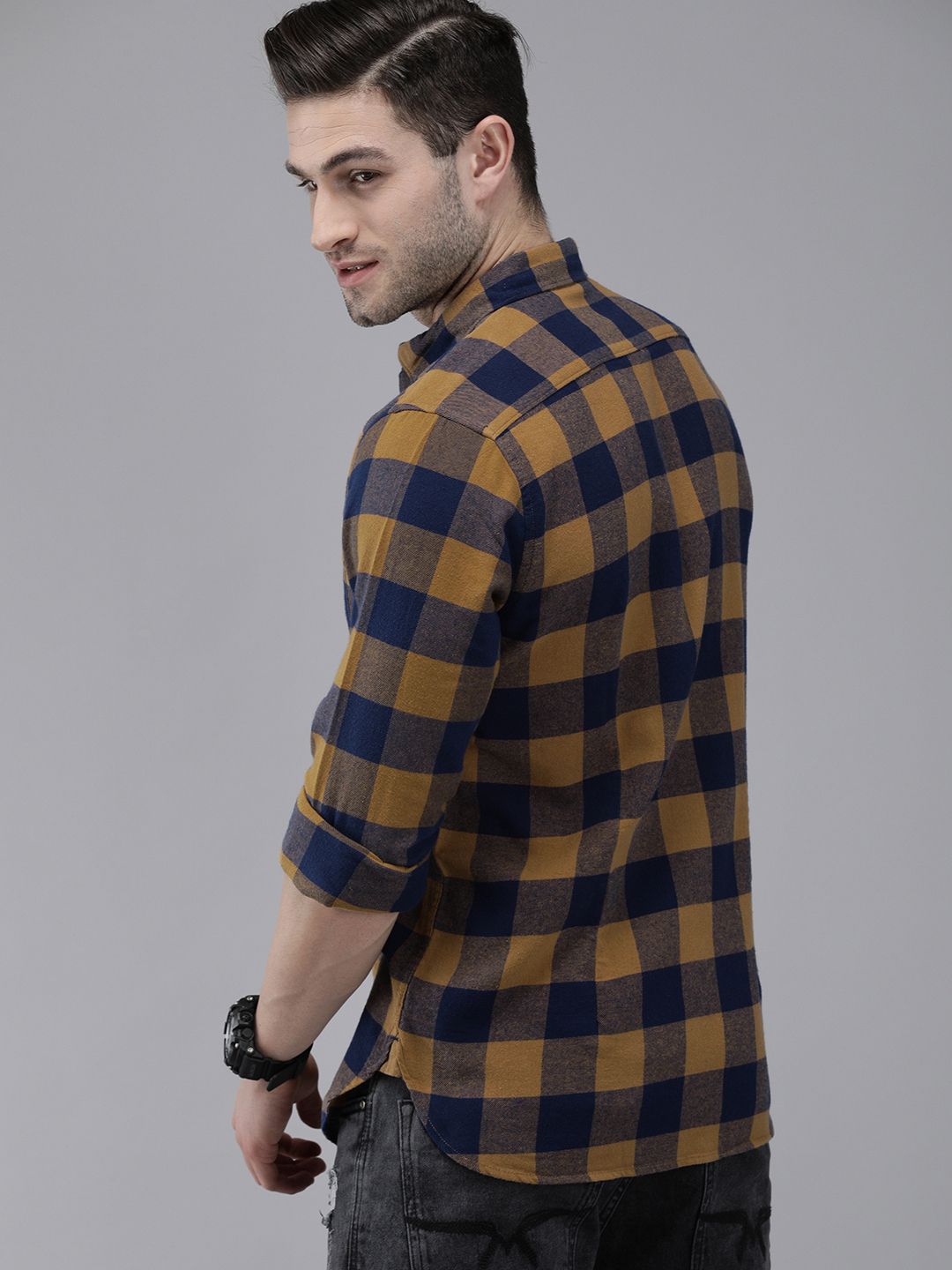 THE BEAR HOUSE Men Mustard Yellow Slim Fit Checked Flannel Pure Cotton Casual Shirt