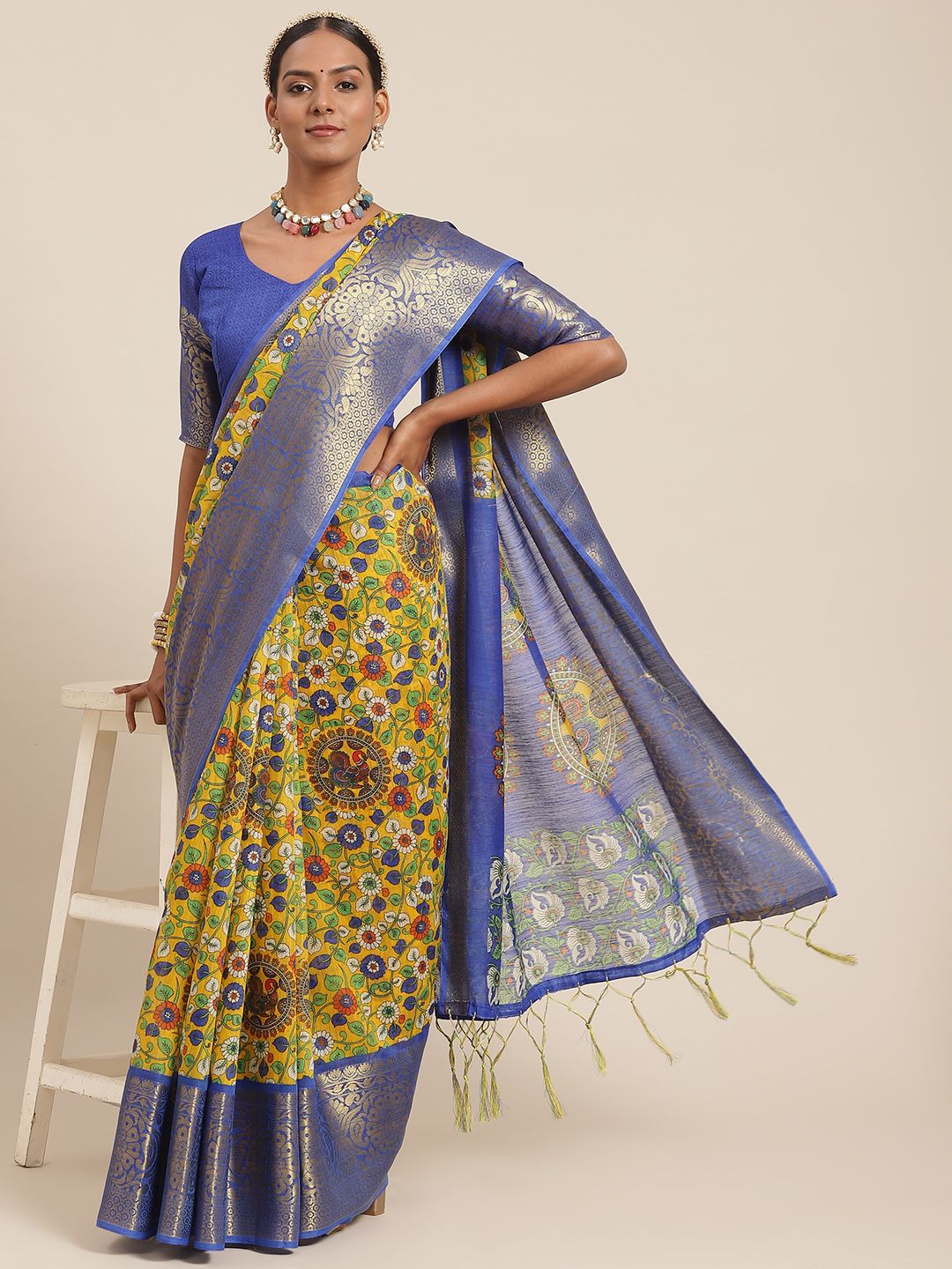 Saree mall Yellow & Blue Floral Sarees