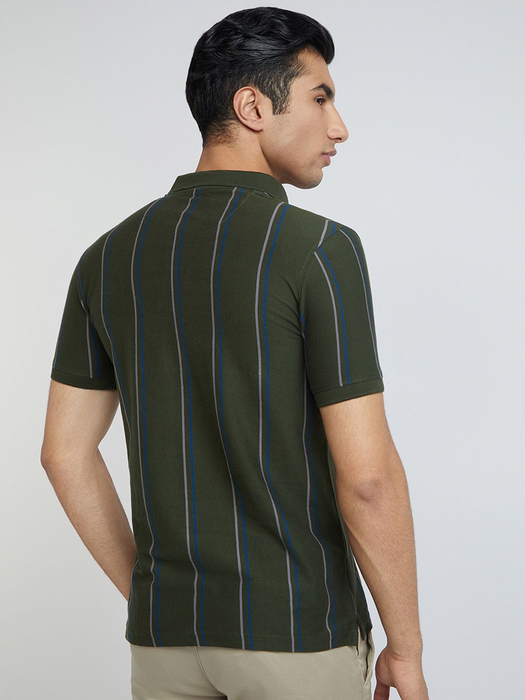 Raymond Men Green & Grey Striped Polo Collar Pure Cotton T-shirt