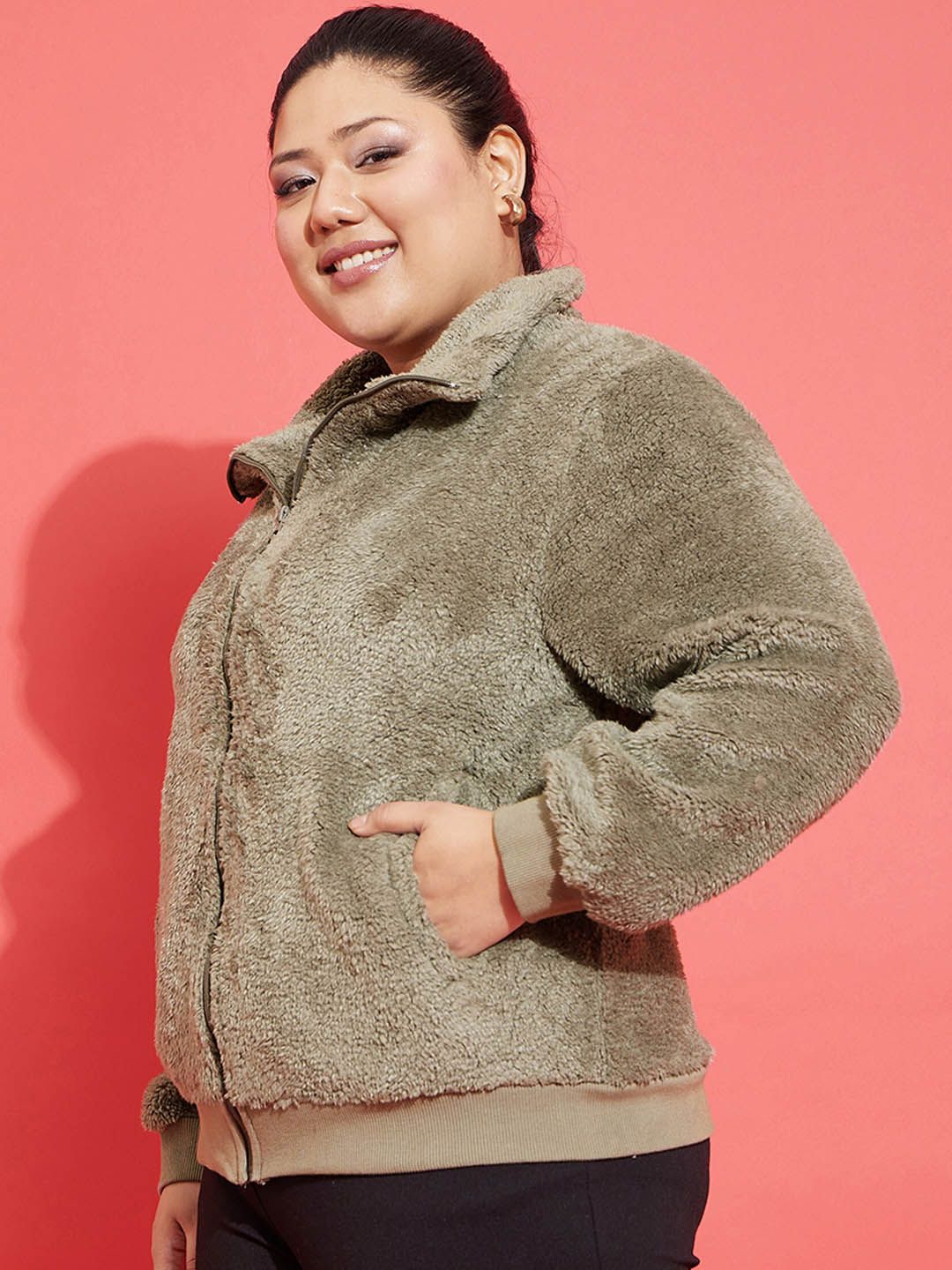 SASSAFRAS Curve Plus Size Grey Self Design Mock Collar Tailored Jacket