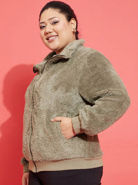 SASSAFRAS Curve Plus Size Grey Self Design Mock Collar Tailored Jacket