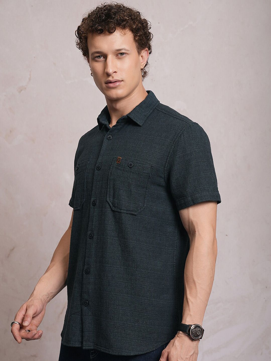 LOCOMOTIVE Premium Dobby Textured Checked Utility Cotton Pocket Regular Shirt