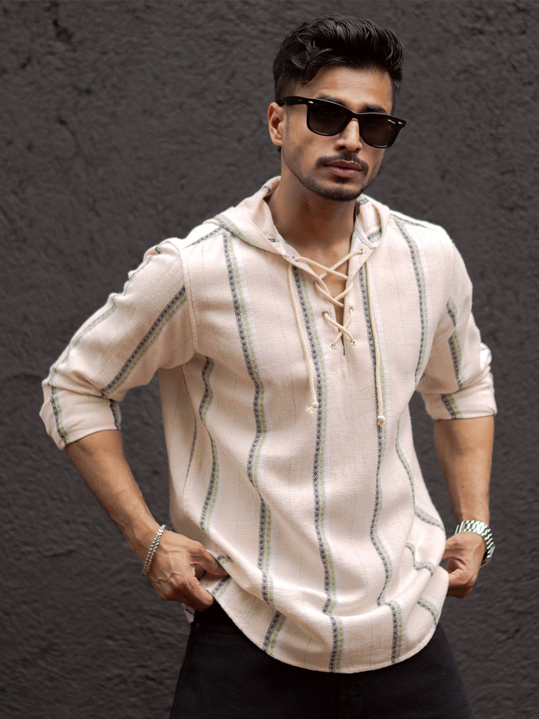 Powerlook Men Collarless Vertical Striped Pure Cotton Casual Shirt