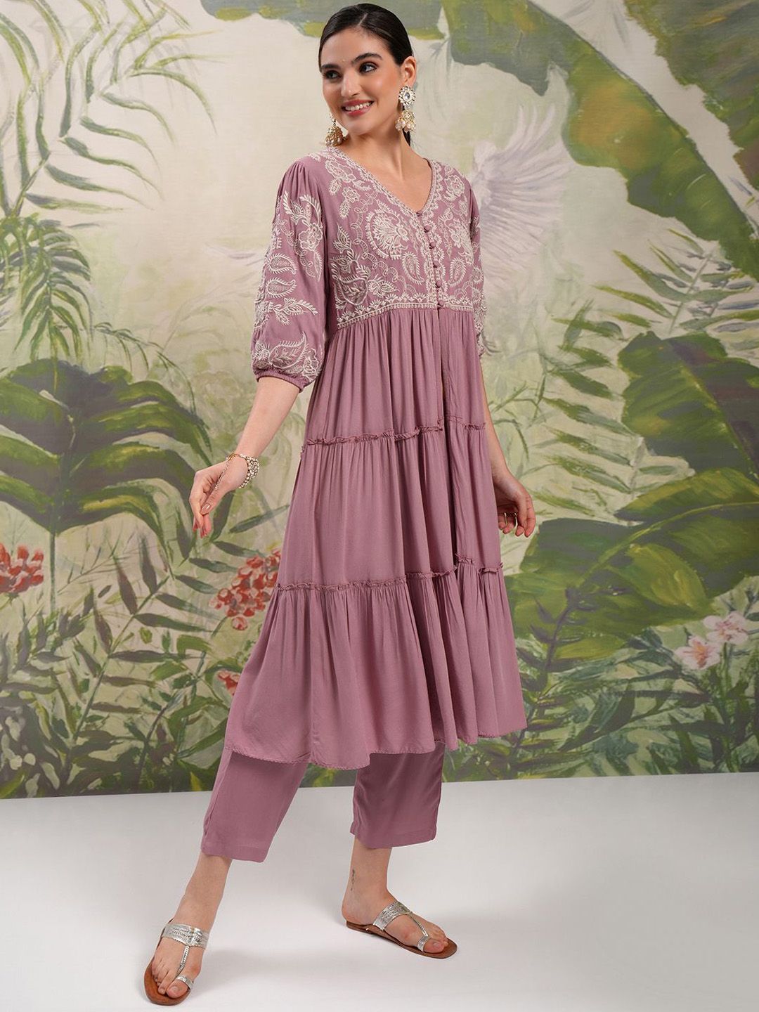 Vishudh V Neck Three Quarter Puff Sleeves Embroidered Anarkali Kurta Sets