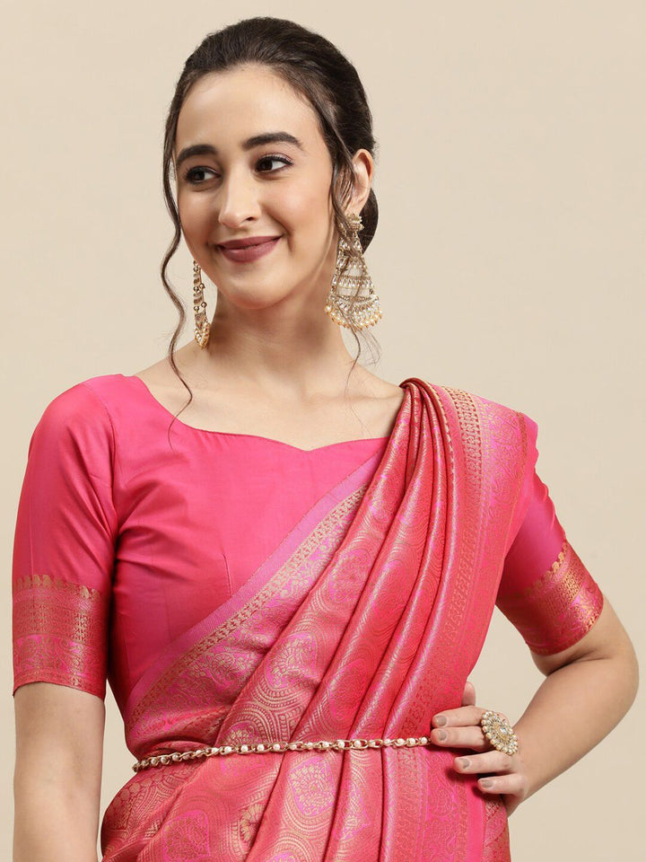 Saree mall Magenta & Gold Ethnic Motifs Zari Silk Blend Banarasi Sarees