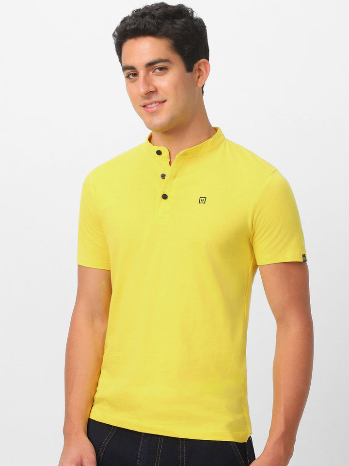 Urbano Fashion Men Yellow Solid Mandarin Collar Pure Cotton T-shirt