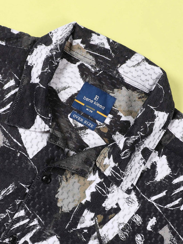 Bene Kleed Men Classic Cuban Collar Abstract Printed Oversized Casual Shirt