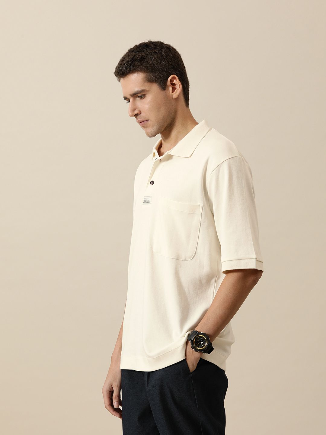 Mr Bowerbird Men Pure Cotton Oversized Polo Collar T-shirt With Chest Pocket