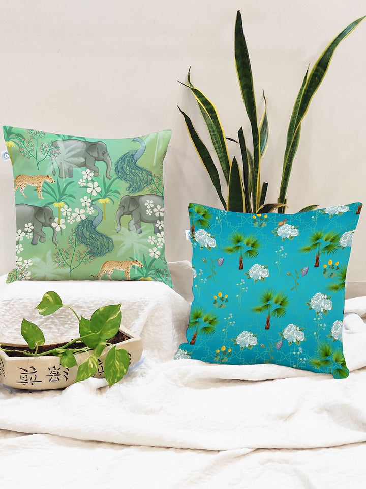 STITCHNEST Green & White Set of 2 Floral Square Cushion Covers