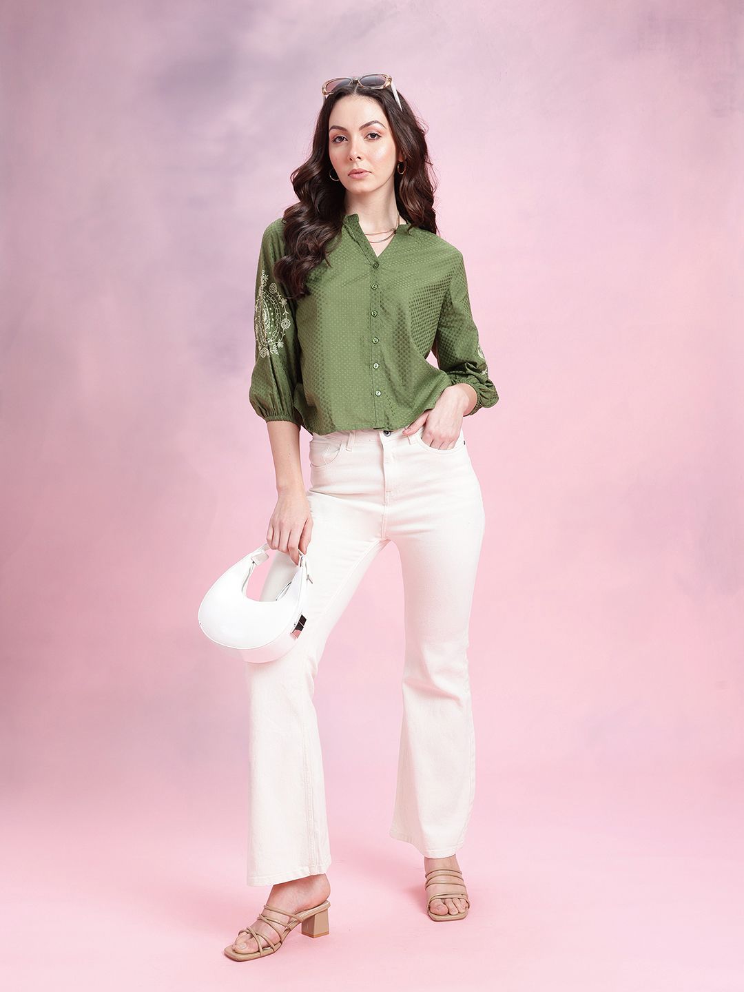 DressBerry Mandarin Collar Puff Sleeve Embroidered Cotton Top