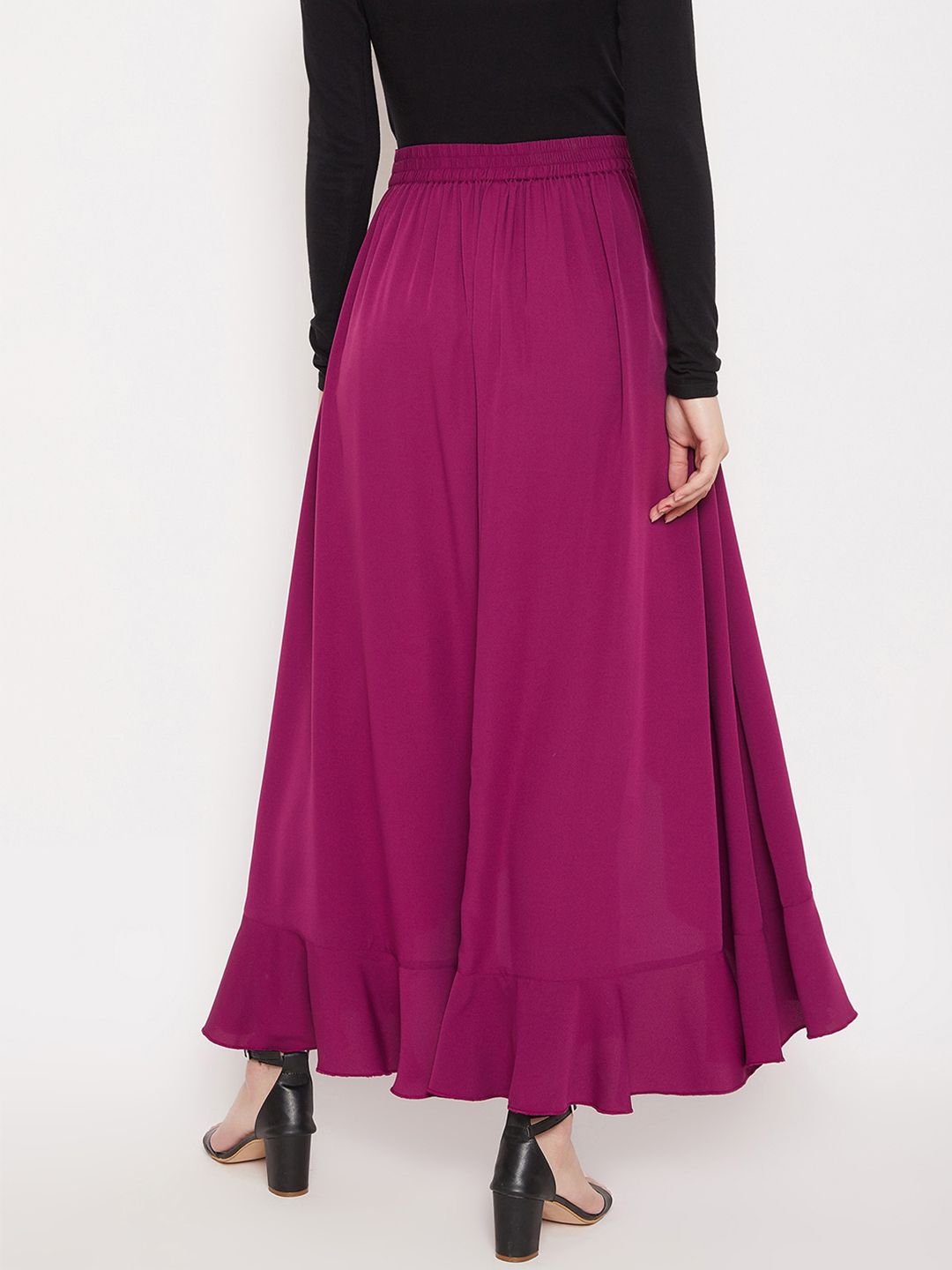 Berrylush Women Purple Solid Ruffle Maxi Wrap Pant Skirt