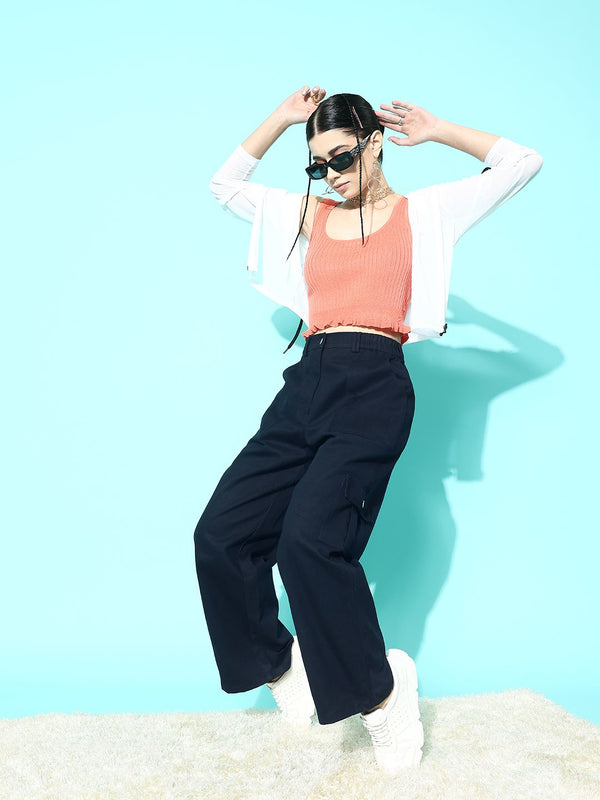 Berrylush Women Relaxed Straight Leg High-Rise Cotton Cargos Trousers