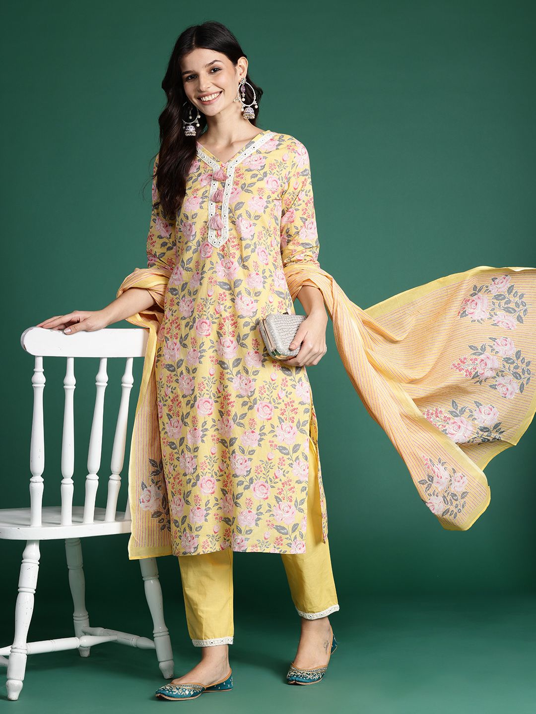Indo Era Floral Printed Thread Work Pure Cotton Kurta with Trousers & Dupatta