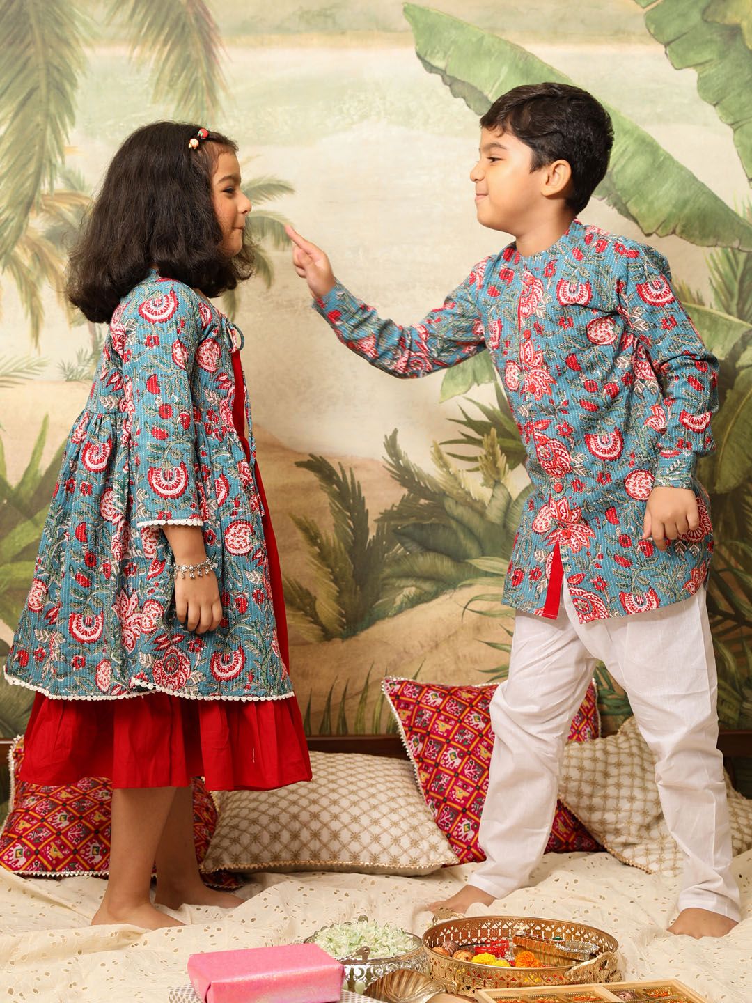 VASTRAMAY Cotton Fit & Flared Dress With Printed Jacket