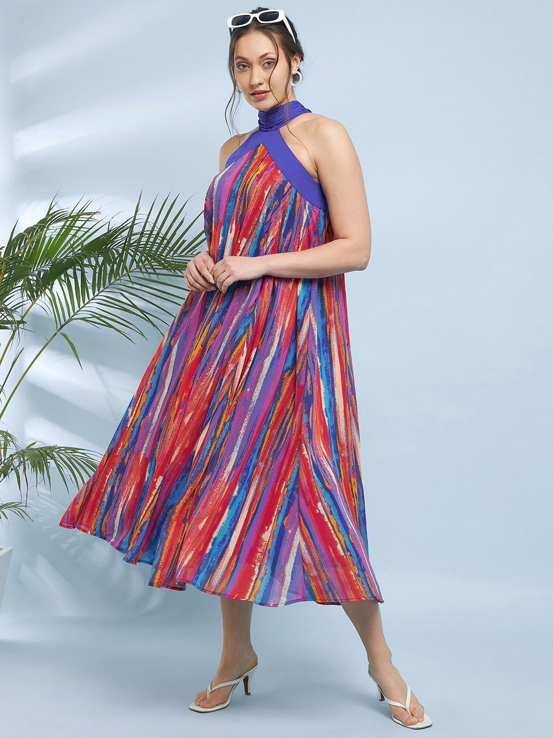Antheaa Striped Printed Halter Neck A-Line Midi Dress