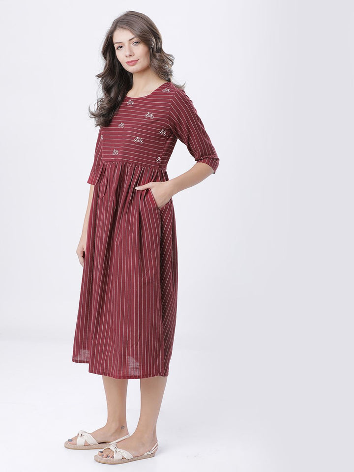 Vishudh Cotton Striped Fit and Flare Midi Dress