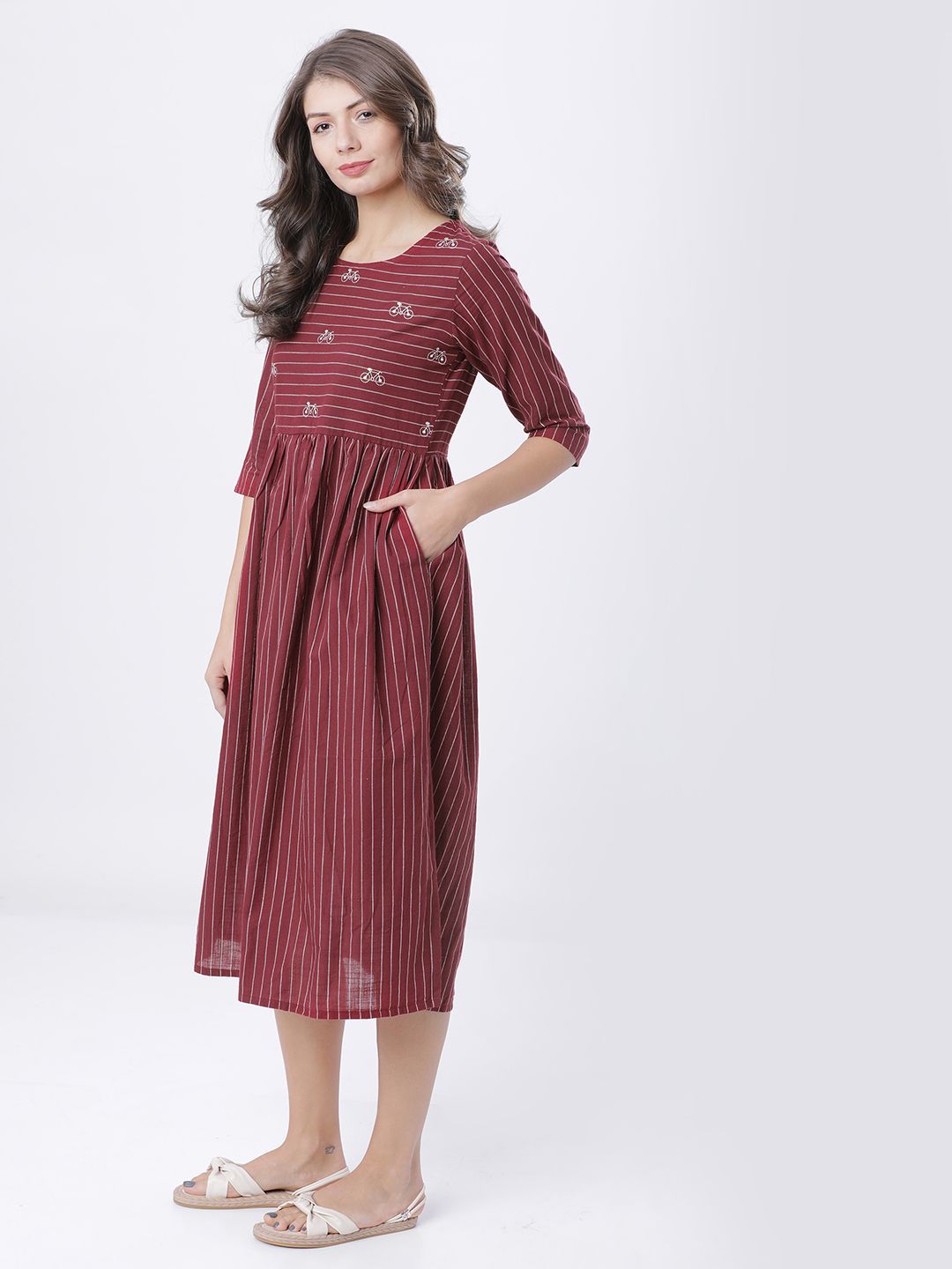 Vishudh Cotton Striped Fit and Flare Midi Dress