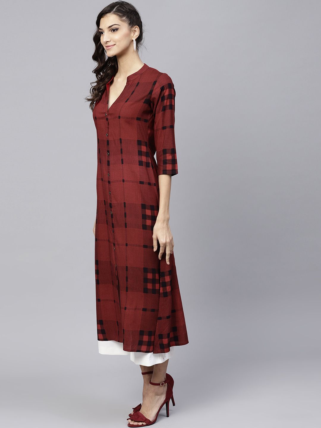 Gerua By Libas Women Maroon  Black Checked A-Line Kurta