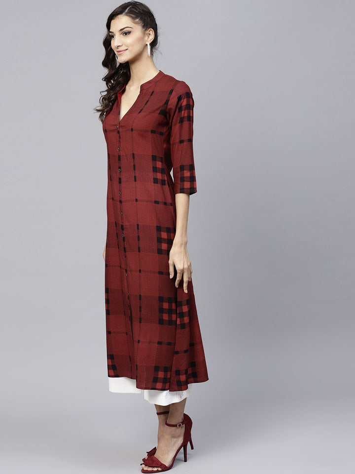 Gerua By Libas Women Maroon  Black Checked A-Line Kurta