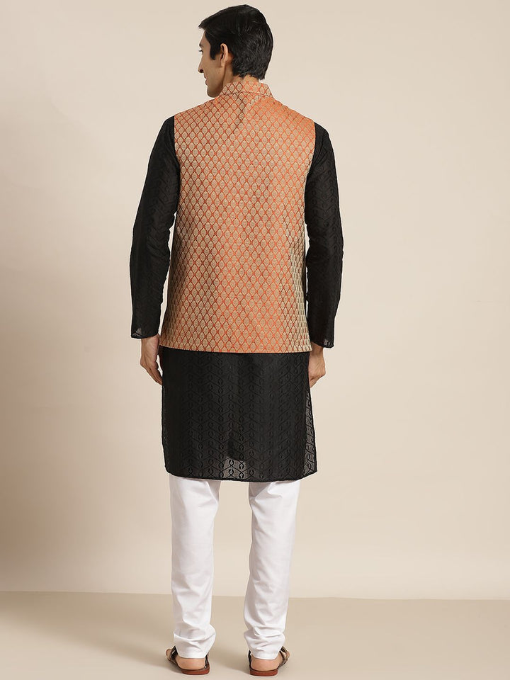 SOJANYA Men Black Ethnic Motifs Chikankari Pure Cotton Kurta with Churidar & Nehru Jacket