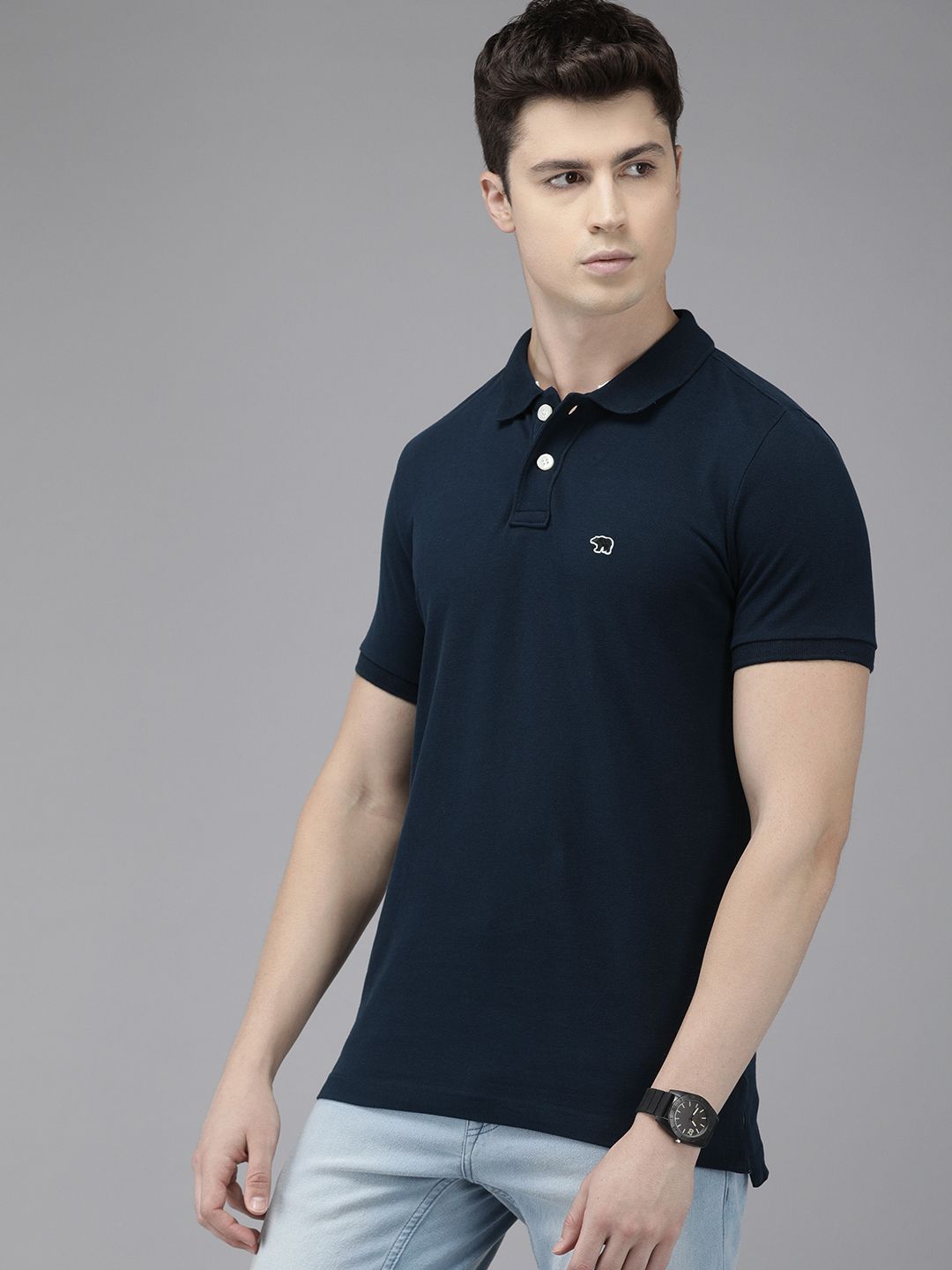 THE BEAR HOUSE Men Navy Blue Polo Collar Slim Fit T-shirt