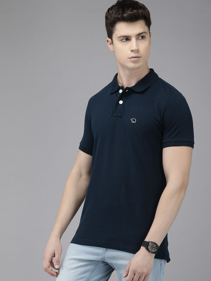 THE BEAR HOUSE Men Navy Blue Polo Collar Slim Fit T-shirt