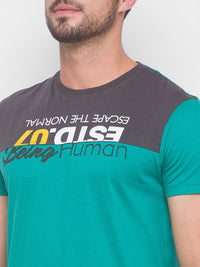 Being Human Men Green & Grey Typography Printed T-shirt