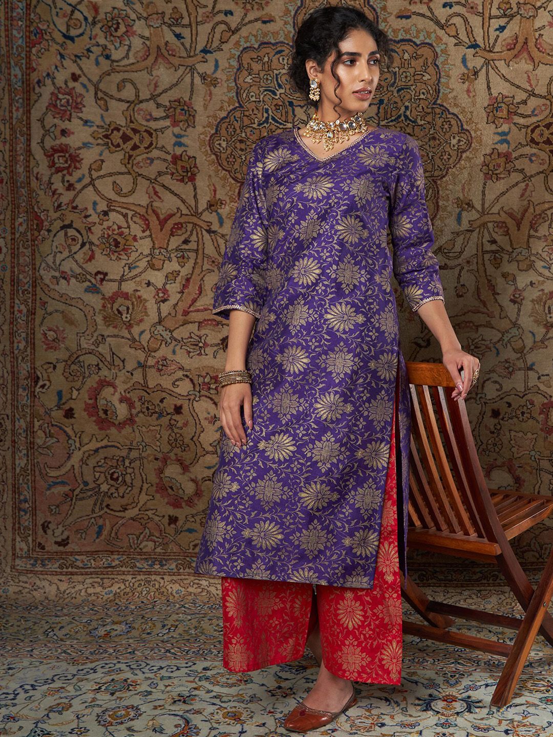 Shae by SASSAFRAS Women Purple Ethnic Motifs Yoke Design Thread Work Kurta with Palazzos