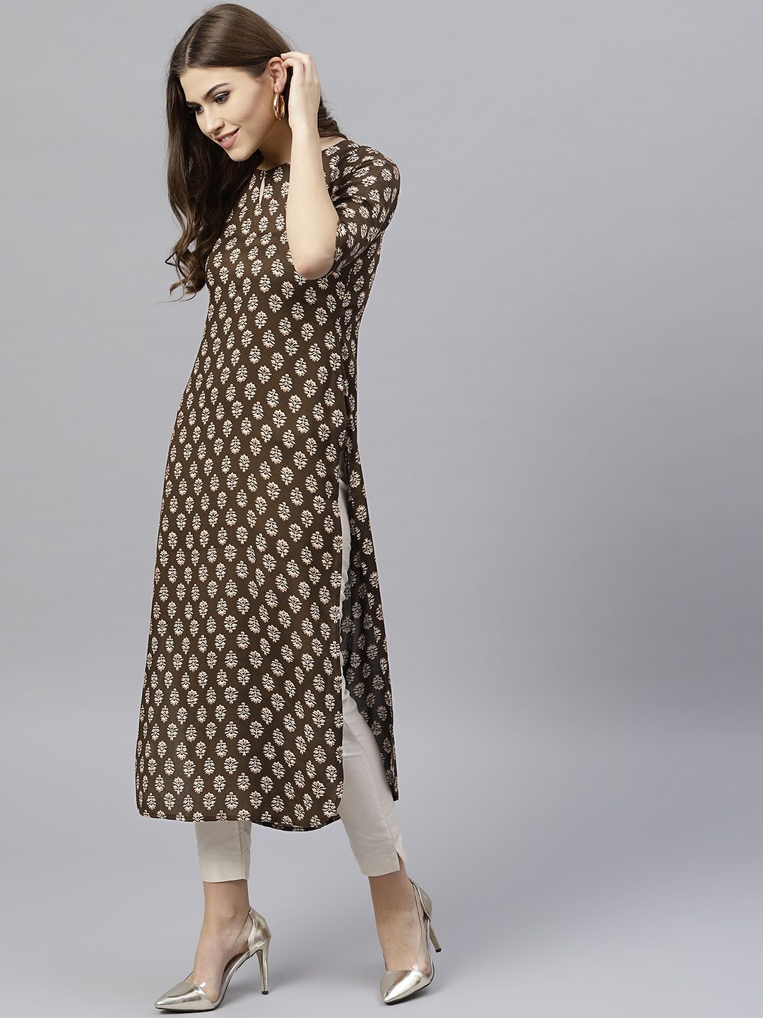 Gerua By Libas Women Coffee Brown  Beige Printed Straight Kurta
