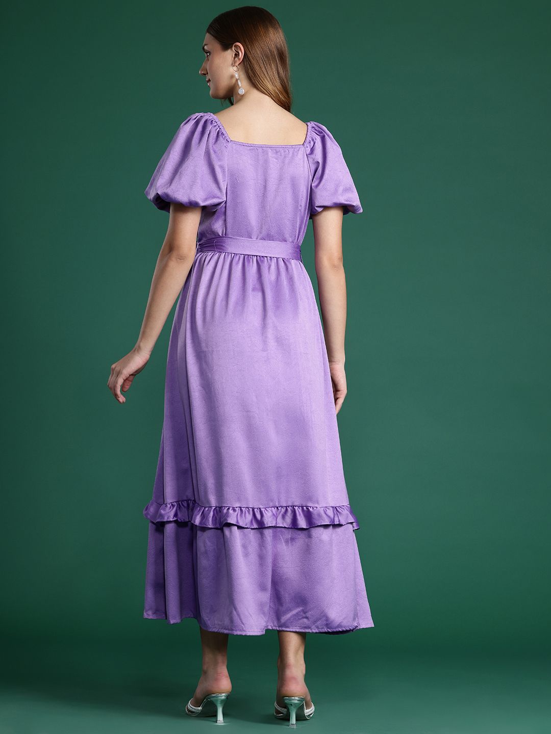 DressBerry Puff Sleeve Ruffled Satin Maxi Dress