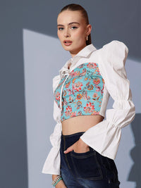 STREET 9 Floral Printed Pure Cotton Crop Shirt Style Top