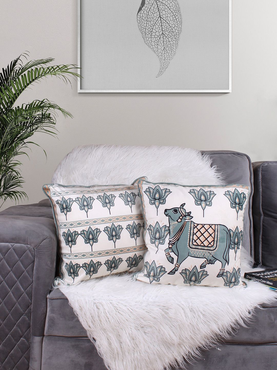 STITCHNEST White & Green 2 Pieces Ethnic Motifs Velvet Square Cushion Covers