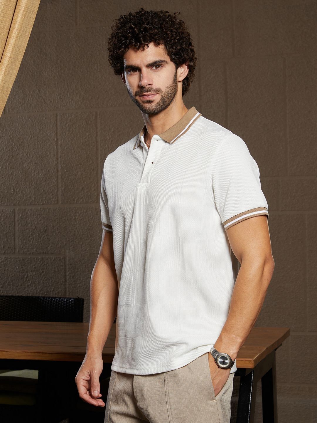 Campus Sutra Men Self Design Polo Collar Cotton T-shirt