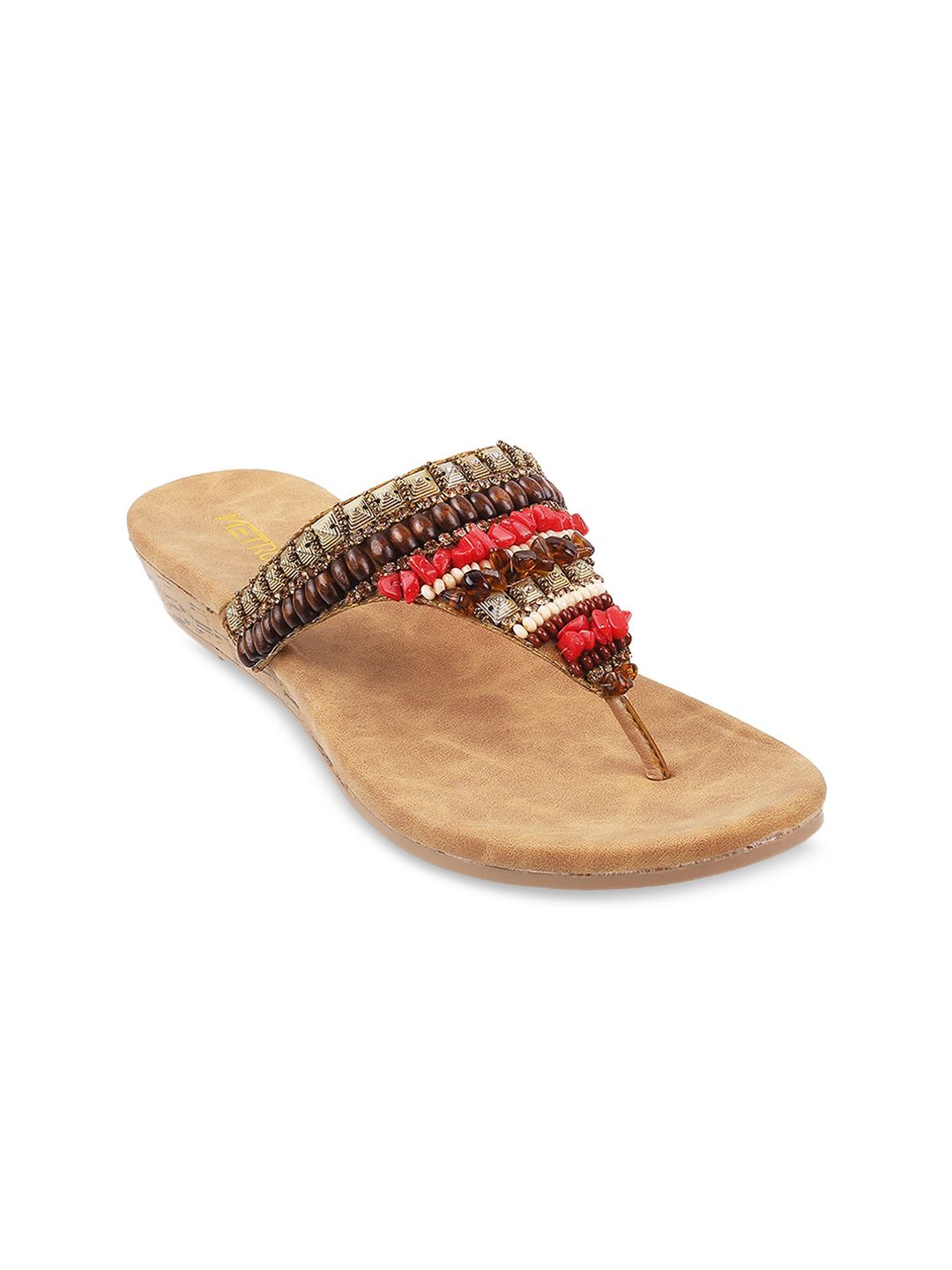 Metro Women Gold-Toned Ethnic Embellished Open Toe Flats