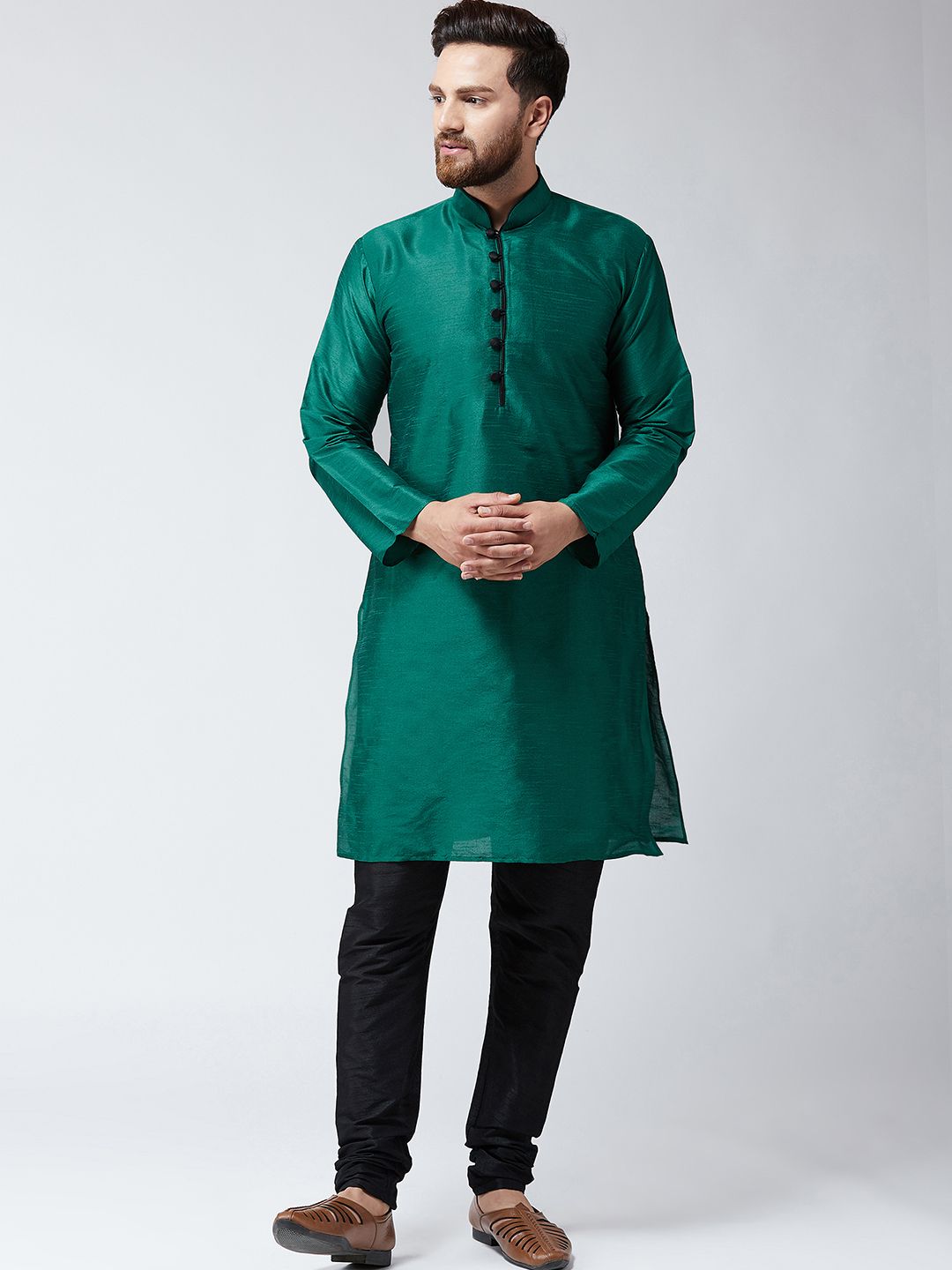 SOJANYA Men Green Solid Straight Kurta