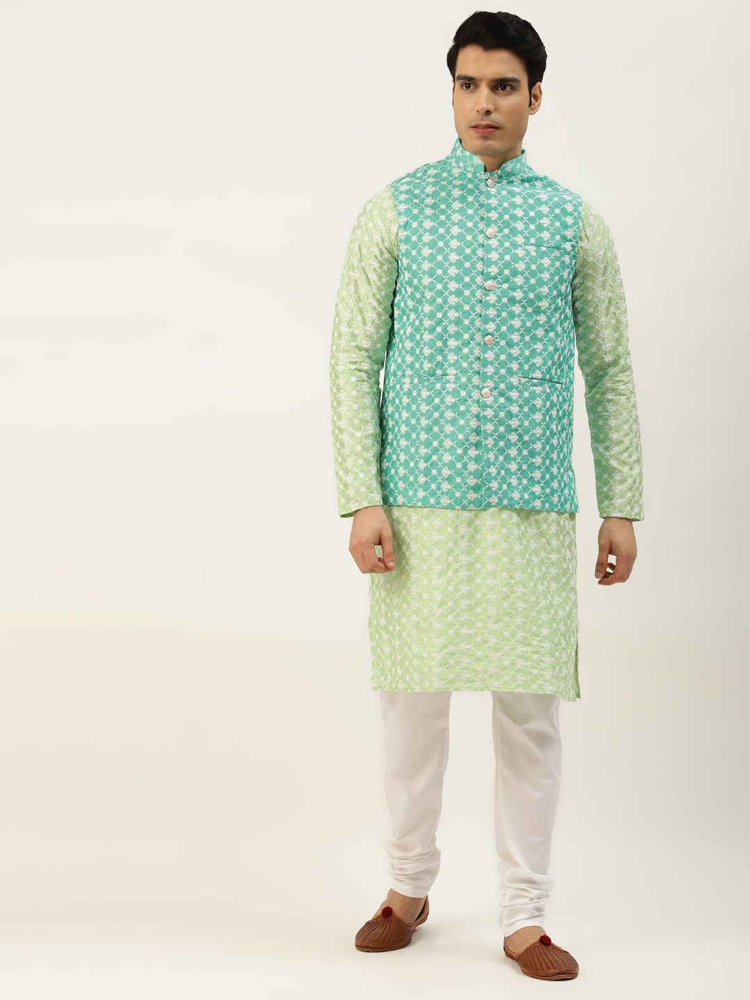 SOJANYA Lelaki Turquoise Biru & Hijau Motif Etnik Sulam Kurta Churidar