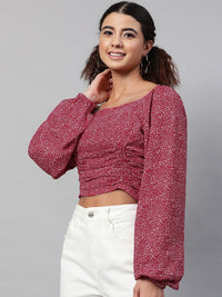STREET 9 Maroon Floral Georgette Fitted Crop Top