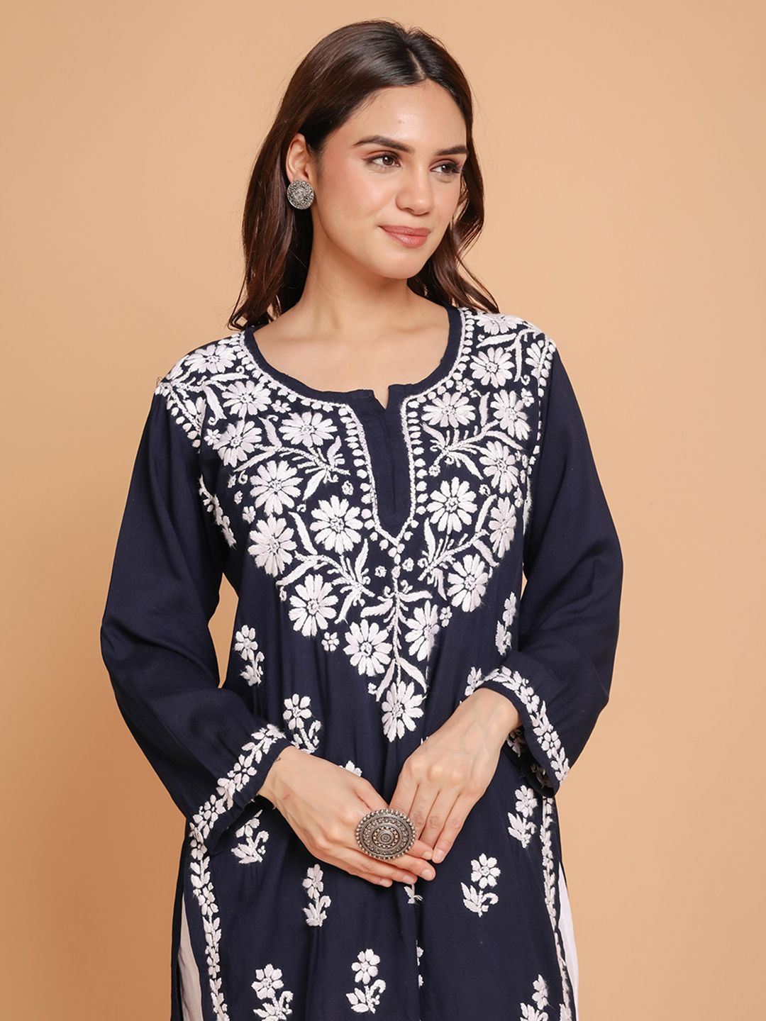 HOUSE OF KARI Floral Embroidered Round Neck Long Sleeves Straight Kurti