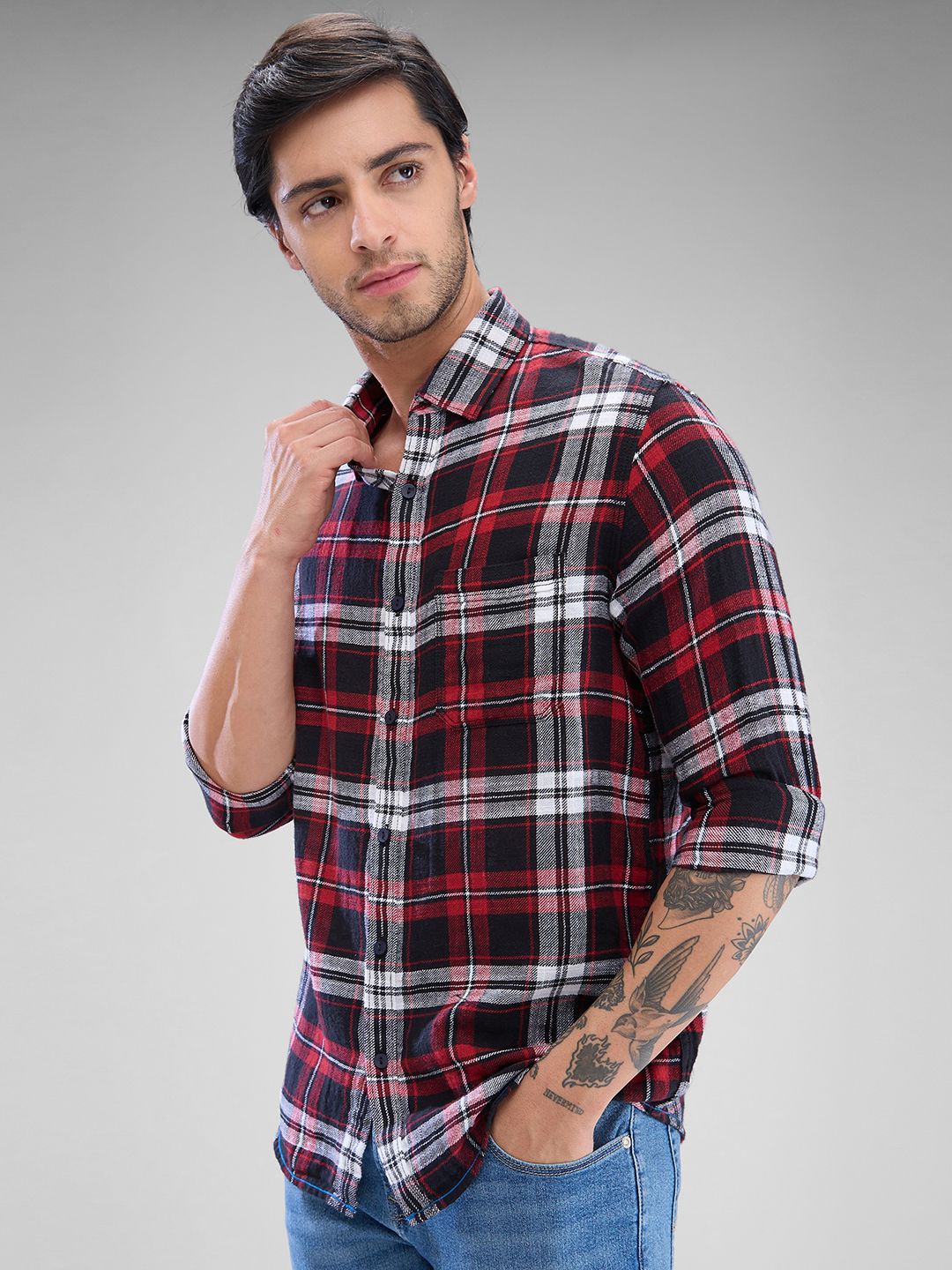 SPYKAR Men Tartan Checks Spread Collar Slim Fit Casual Shirt
