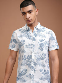 Highlander Men White & Blue Slim Fit Dicetak Baju Kasual