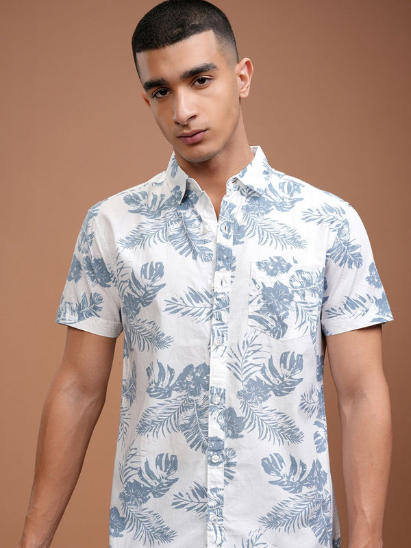 HIGHLANDER Men White & Blue Slim Fit Printed Casual Shirt
