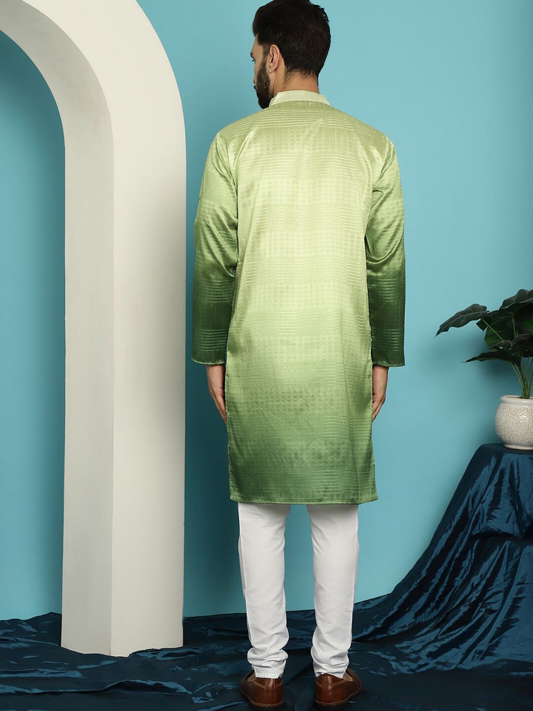 SOJANYA Striped Woven Design Sequinned Jacquard Mandarin Collar Kurta With Churidar