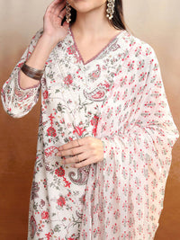 Vishudh Women Floral Printed Regular Pure Cotton Kurta with Trousers & With Dupatta