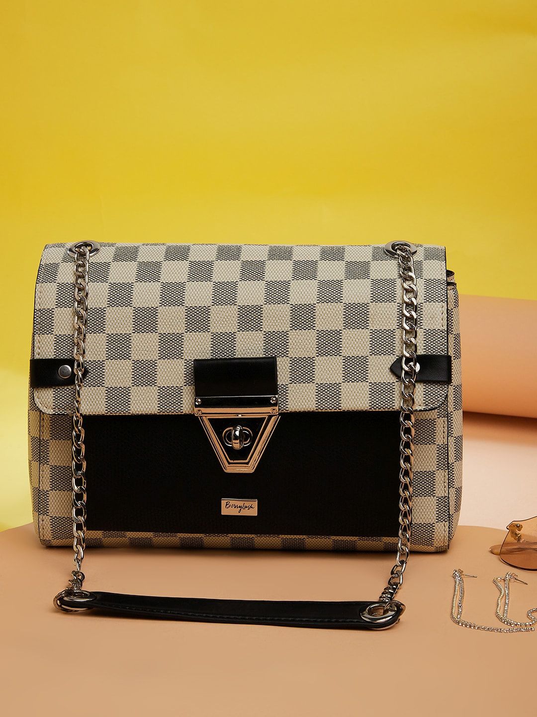 Berrylush Off White Checked Structured Sling Bag