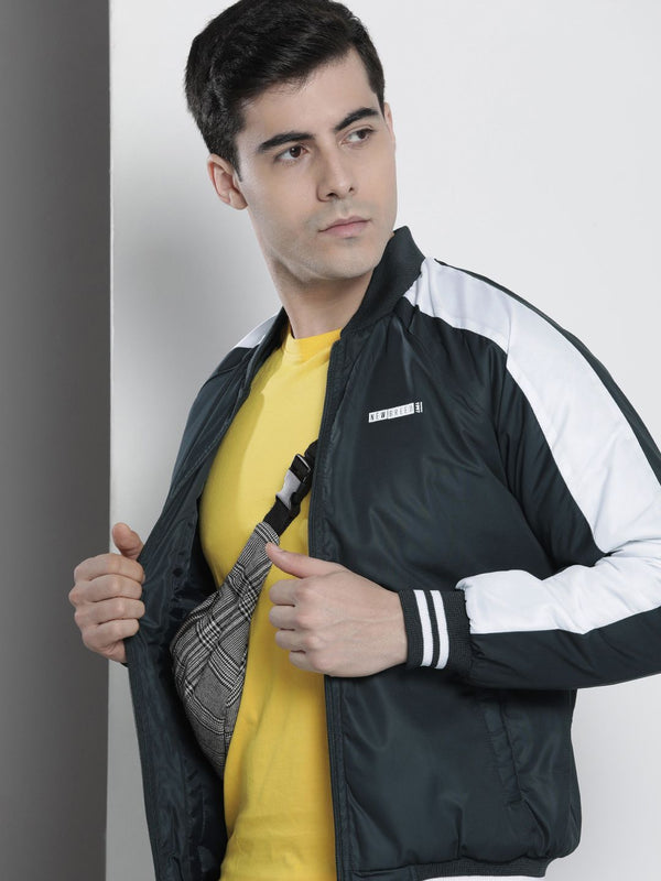The Indian Garage Co Men Navy Blue White Striped Bomber Jacket
