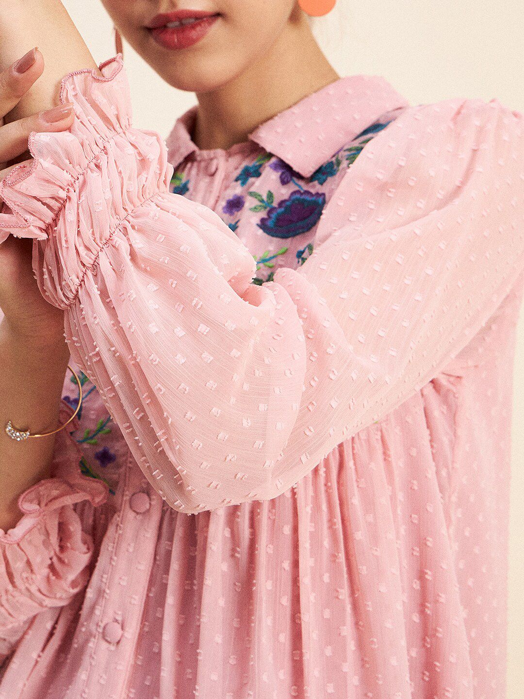 Antheaa Pink Self Design Embroidered Top & Palazzos