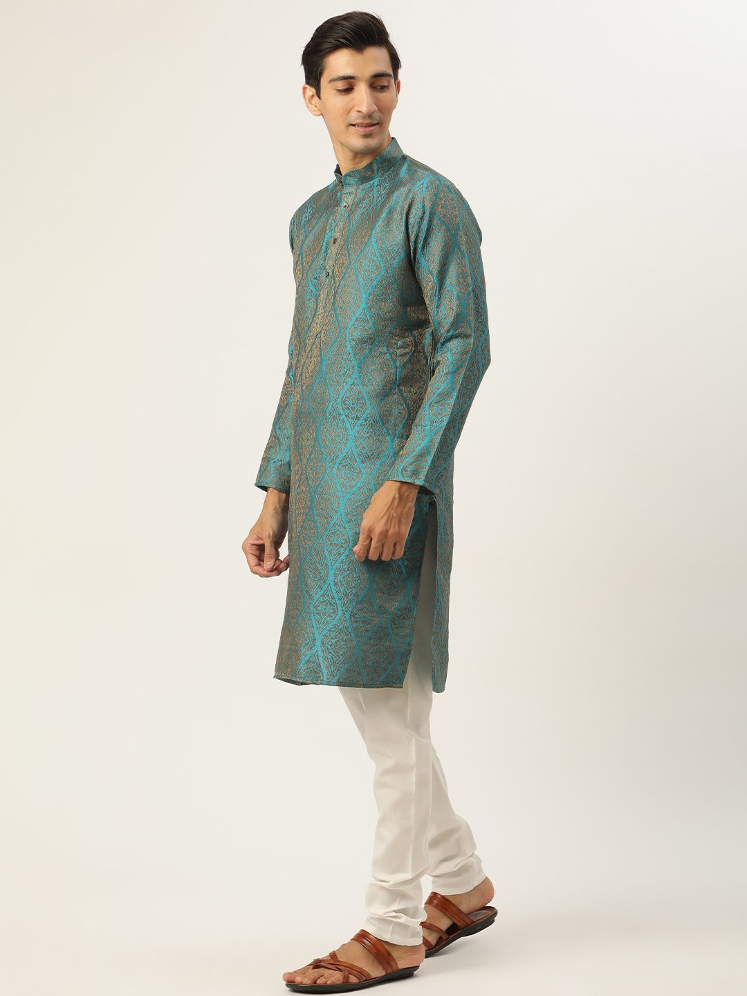 SOJANYA Kurta Motif Etnik Biru Teal & Beige Lelaki dengan Jaket Churidar & Nehru