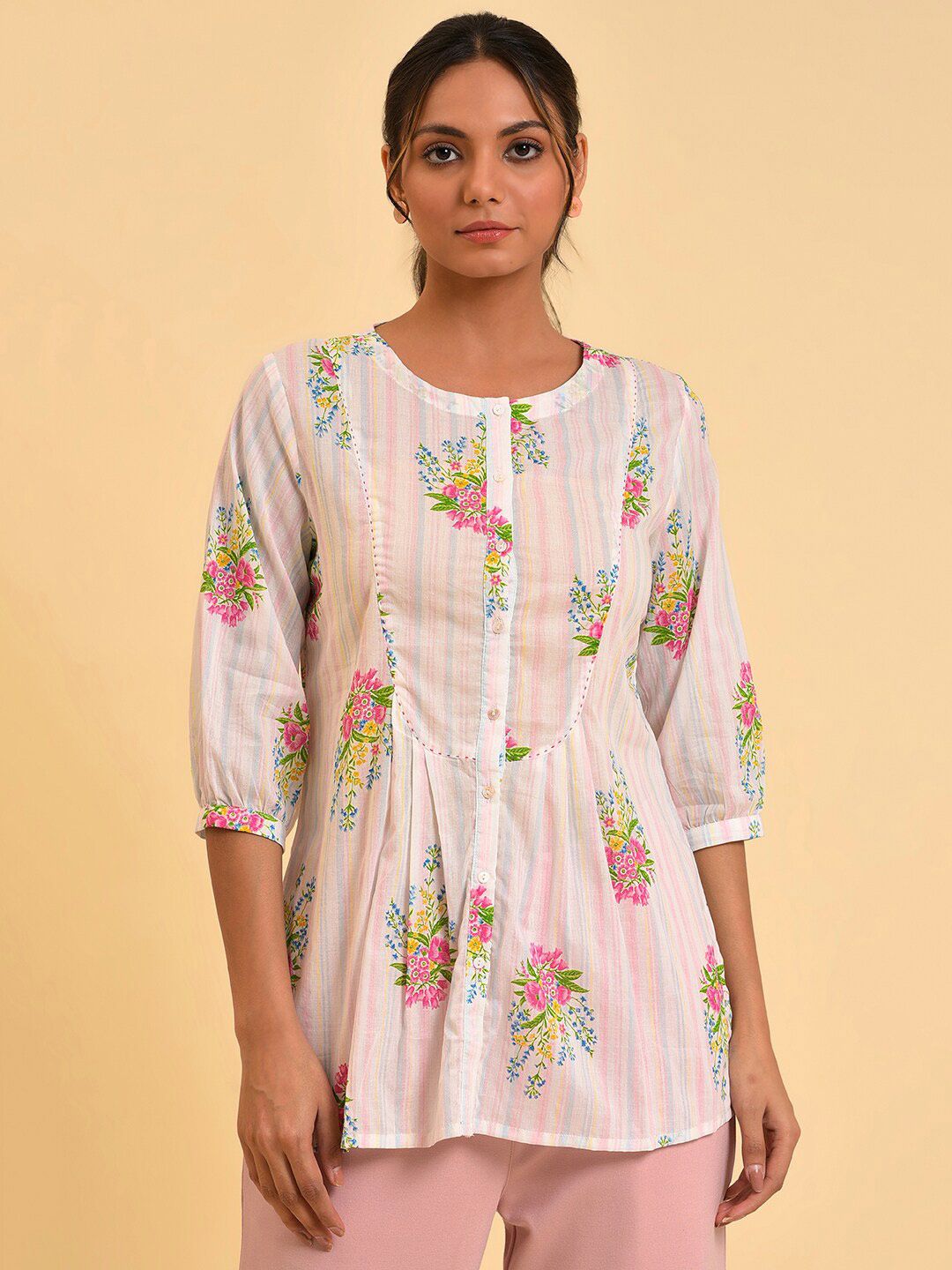 W White Floral Printed Round Neck Cotton Top