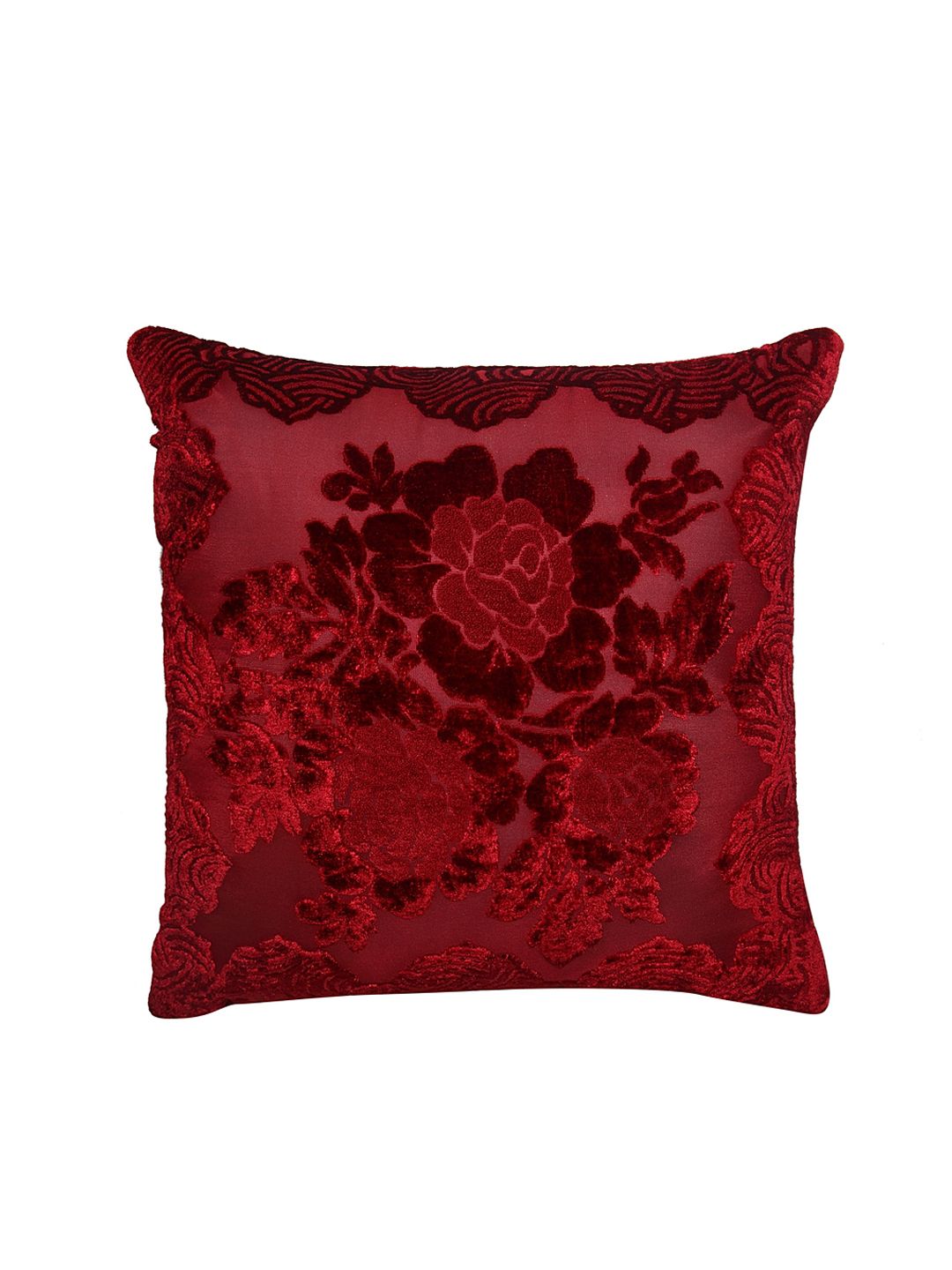 HOSTA HOMES Maroon Set of 5 Floral Embossed Velvet Square Cushion Covers
